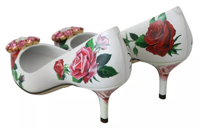Dolce & Gabbana Weißes Leder Rosen Kristall Pumps Schuhe