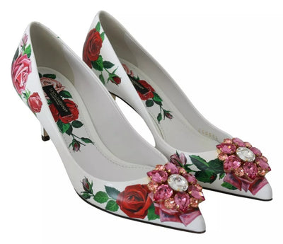 Dolce & Gabbana Weißes Leder Rosen Kristall Pumps Schuhe