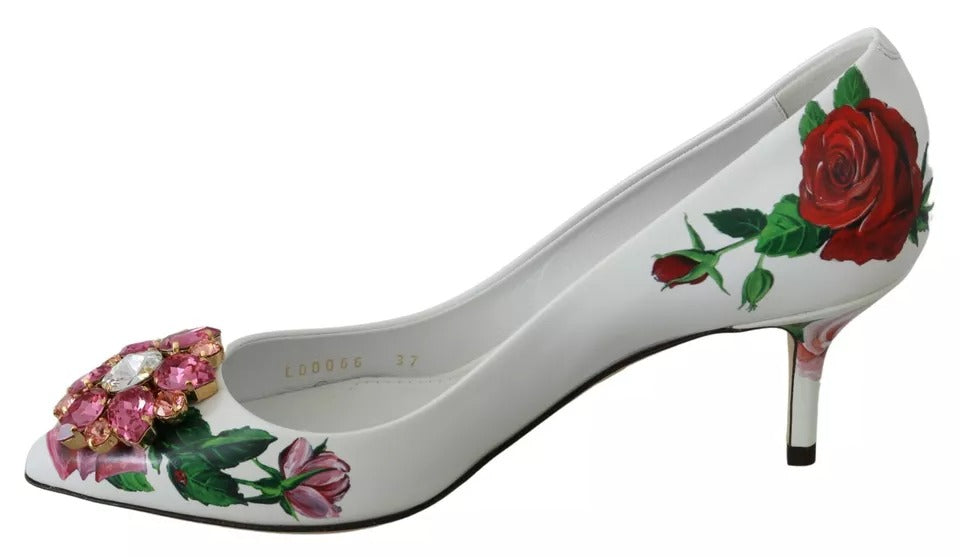 Dolce & Gabbana Weißes Leder Rosen Kristall Pumps Schuhe