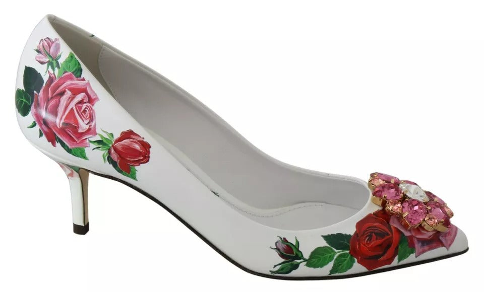 Dolce & Gabbana Weißes Leder Rosen Kristall Pumps Schuhe