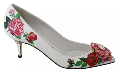 Dolce & Gabbana Weißes Leder Rosen Kristall Pumps Schuhe