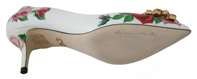 Dolce & Gabbana Weißes Leder Rosen Kristall Pumps Schuhe