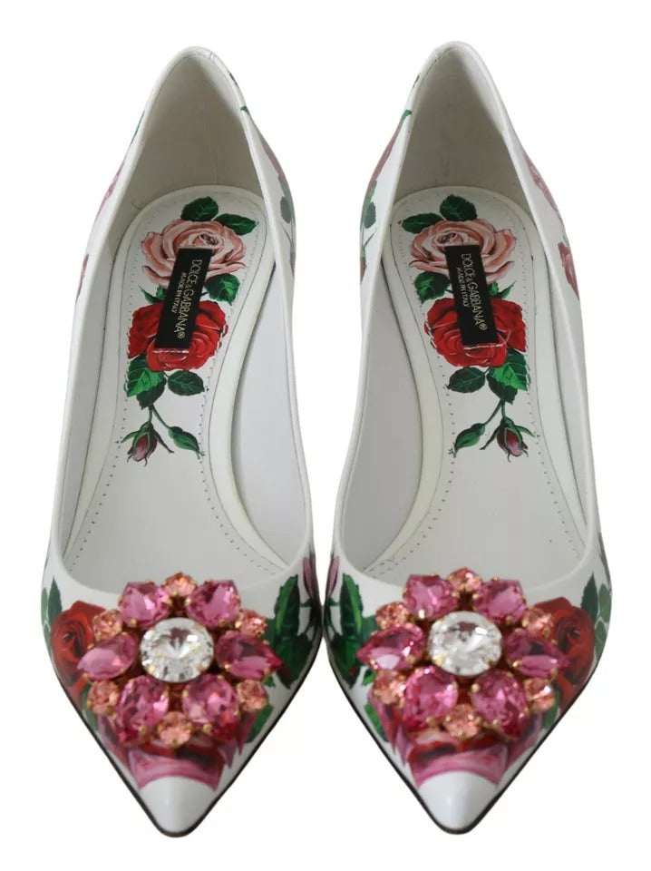 Dolce & Gabbana Weißes Leder Rosen Kristall Pumps Schuhe