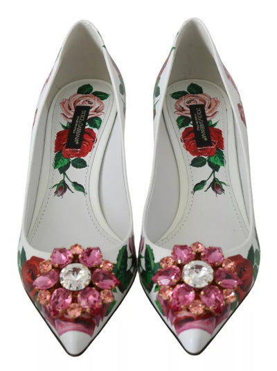 Dolce & Gabbana Weißes Leder Rosen Kristall Pumps Schuhe