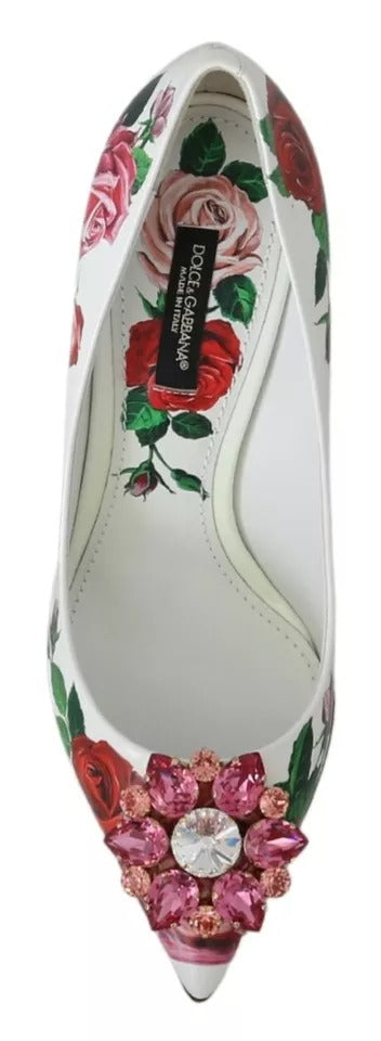 Dolce & Gabbana Weißes Leder Rosen Kristall Pumps Schuhe