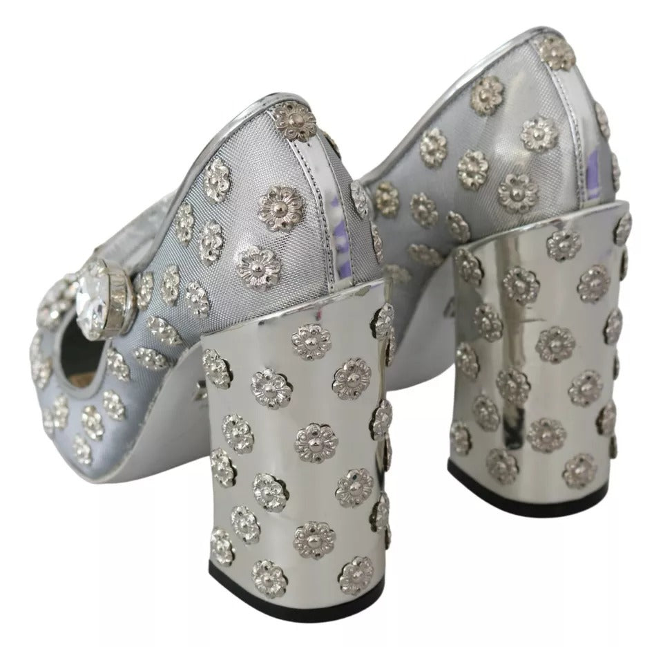 Dolce & Gabbana Silber Kristall Nieten Absätze Mary Janes Pumps Schuhe