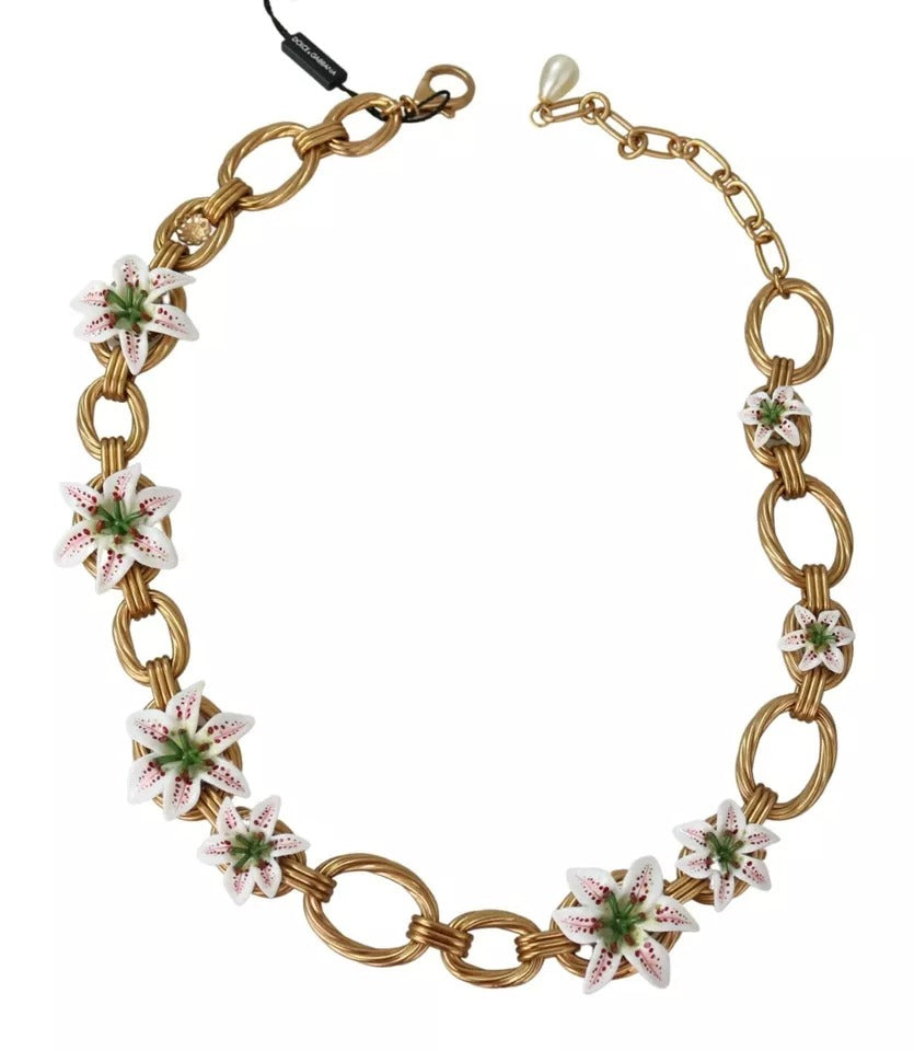 Dolce & Gabbana Gold Messing Übergröße Kette LILY Blumen Halskette