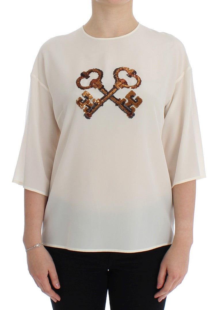 Dolce & Gabbana Weiße Pailletten-Schlüssel-Seidenbluse T-shirt Top