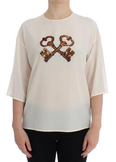 Dolce & Gabbana Weiße Pailletten-Schlüssel-Seidenbluse T-shirt Top