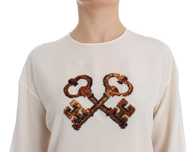 Dolce & Gabbana Weiße Pailletten-Schlüssel-Seidenbluse T-shirt Top