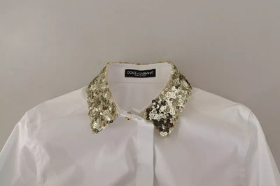 Dolce & Gabbana Weißes Baumwollhemd mit langen Ärmeln und Paillettenbesatz