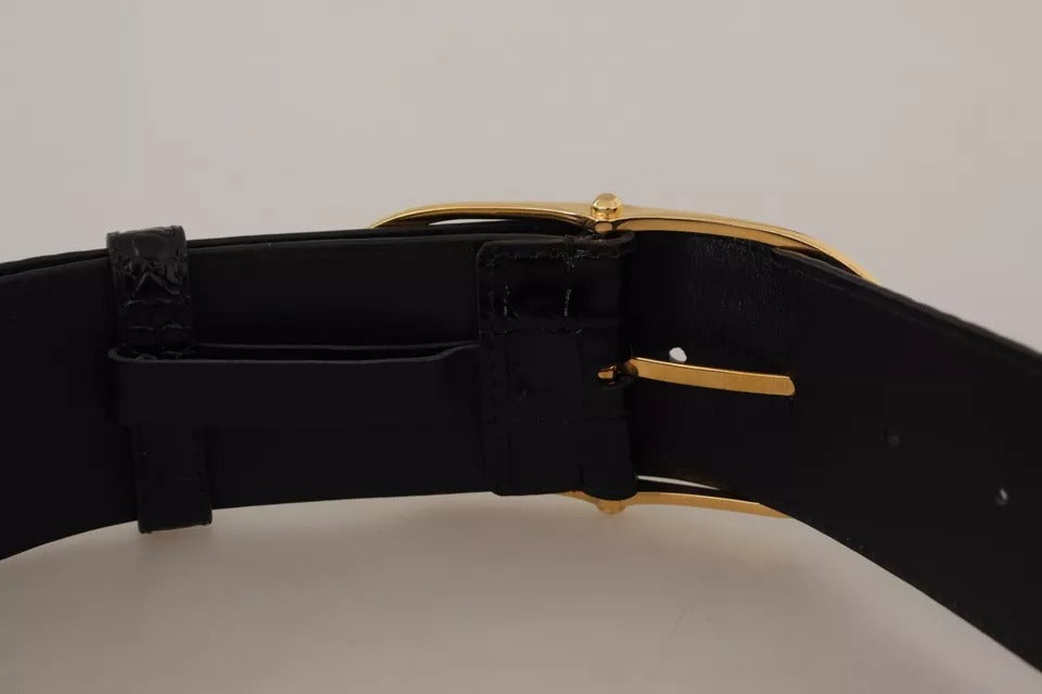 Dolce & Gabbana Schwarzer breiter Gürtel aus geprägtem Leder mit goldener Metallschnalle