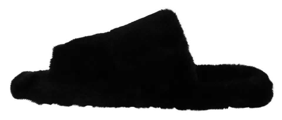 Dolce & Gabbana Schwarz Polyester Kunstfell Herren Flats Sandalen Schuhe