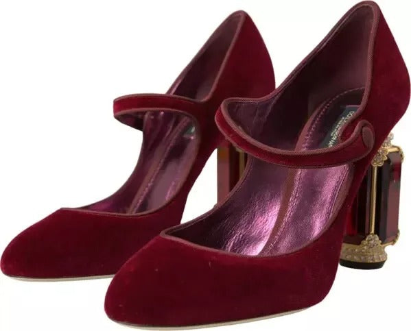 Dolce & Gabbana Rot Samt Gold Kristalle Heels Mary Janes Schuhe