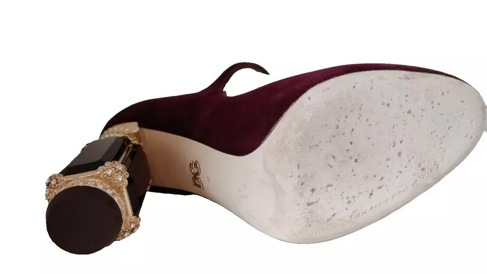 Dolce & Gabbana Rot Samt Gold Kristalle Heels Mary Janes Schuhe