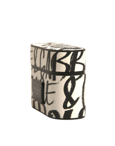 Dolce & Gabbana Schwarzes weißes Leder Scribble mit geprägtem Logo Airpods Etui