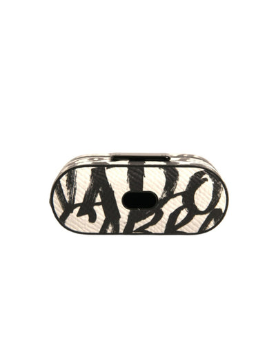 Dolce & Gabbana Schwarzes weißes Leder Scribble mit geprägtem Logo Airpods Etui