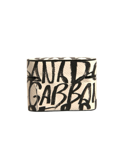 Dolce & Gabbana Schwarzes weißes Leder Scribble mit geprägtem Logo Airpods Etui