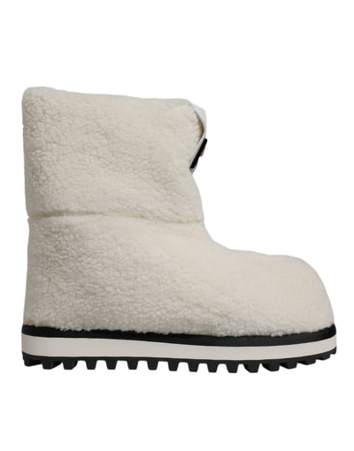 Dolce & Gabbana Weiße Plüsch Logo Gepolsterte Mittlere Wadenstiefel Schuhe