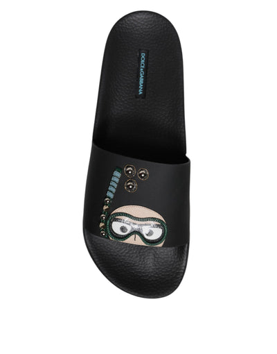 Dolce & Gabbana Schwarz Divers Leder Flats Slides Sandalen Beachwear Schuhe