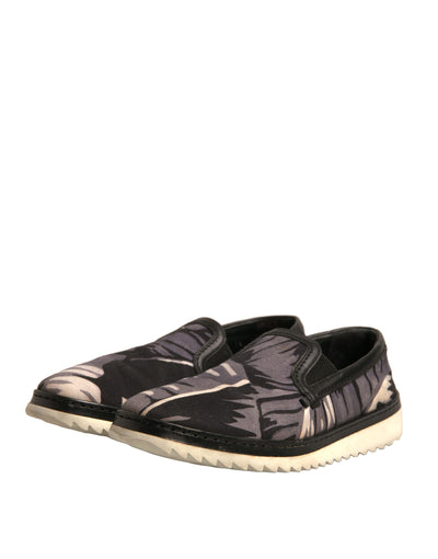 Dolce & Gabbana Schwarzer Canvas Tropical Print Slip On Schuhe