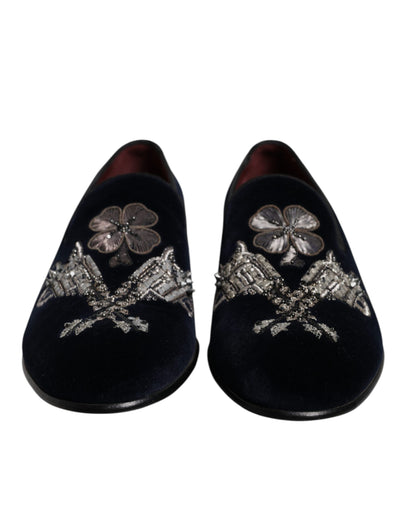 Dolce & Gabbana Schwarz Samt Floral Gun Loafers Kleid Schuhe