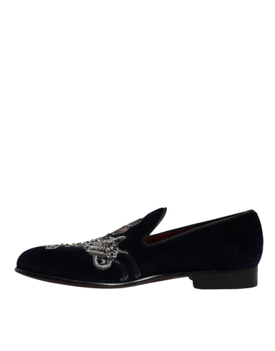 Dolce & Gabbana Schwarz Samt Floral Gun Loafers Kleid Schuhe