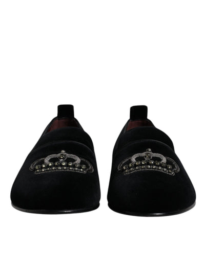 Dolce & Gabbana Schwarzer Samt Kristallkrone Loafers Formelle Kleid Schuhe