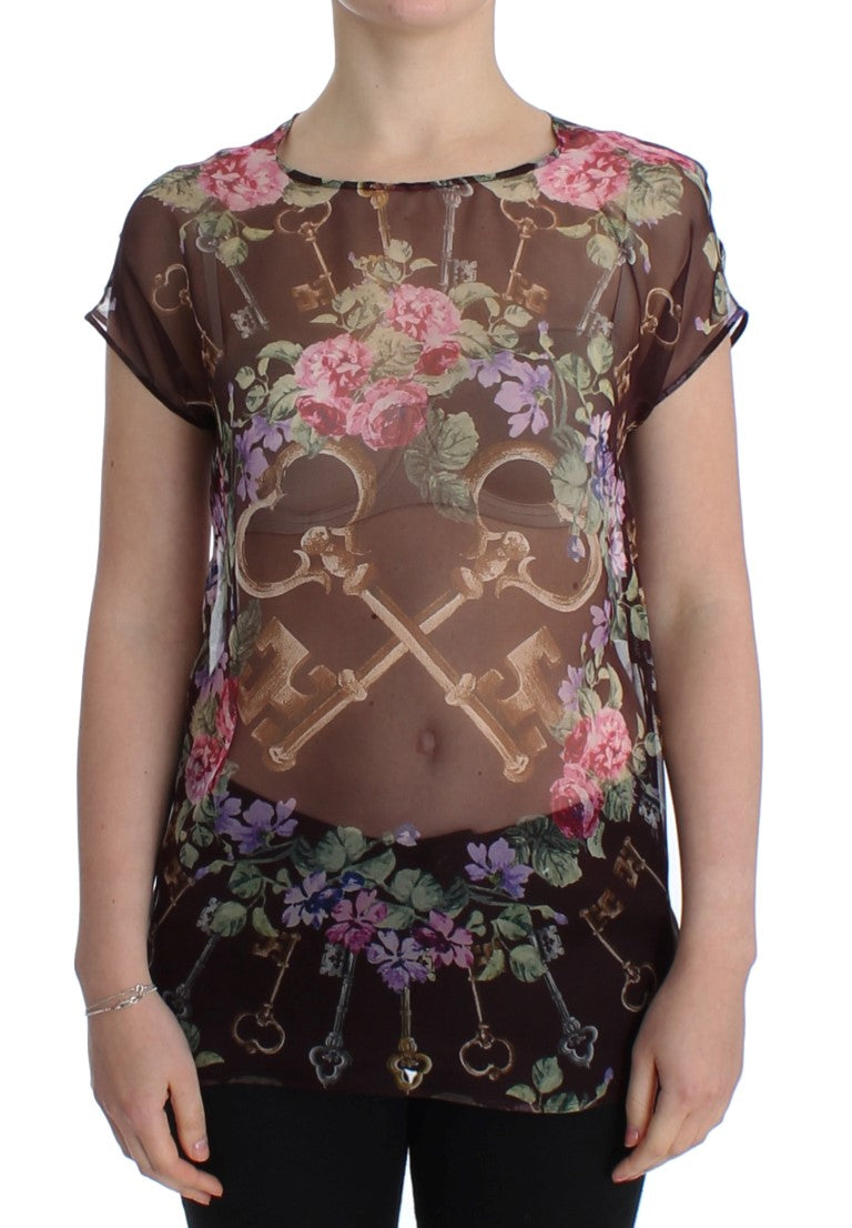 Dolce & Gabbana Schwarzes Schlüssel-T-Shirt mit Blumendruck und Seidenbluse