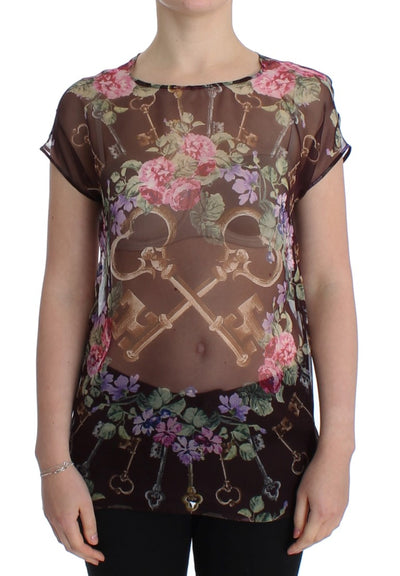 Dolce & Gabbana Schwarzes Schlüssel-T-Shirt mit Blumendruck und Seidenbluse