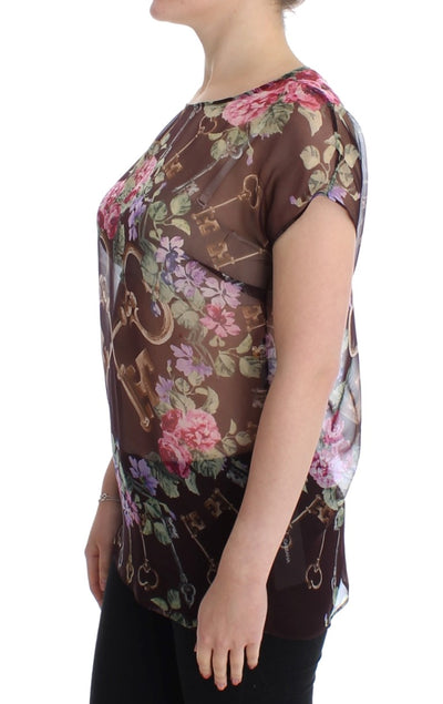 Dolce & Gabbana Schwarzes Schlüssel-T-Shirt mit Blumendruck und Seidenbluse