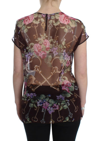 Dolce & Gabbana Schwarzes Schlüssel-T-Shirt mit Blumendruck und Seidenbluse