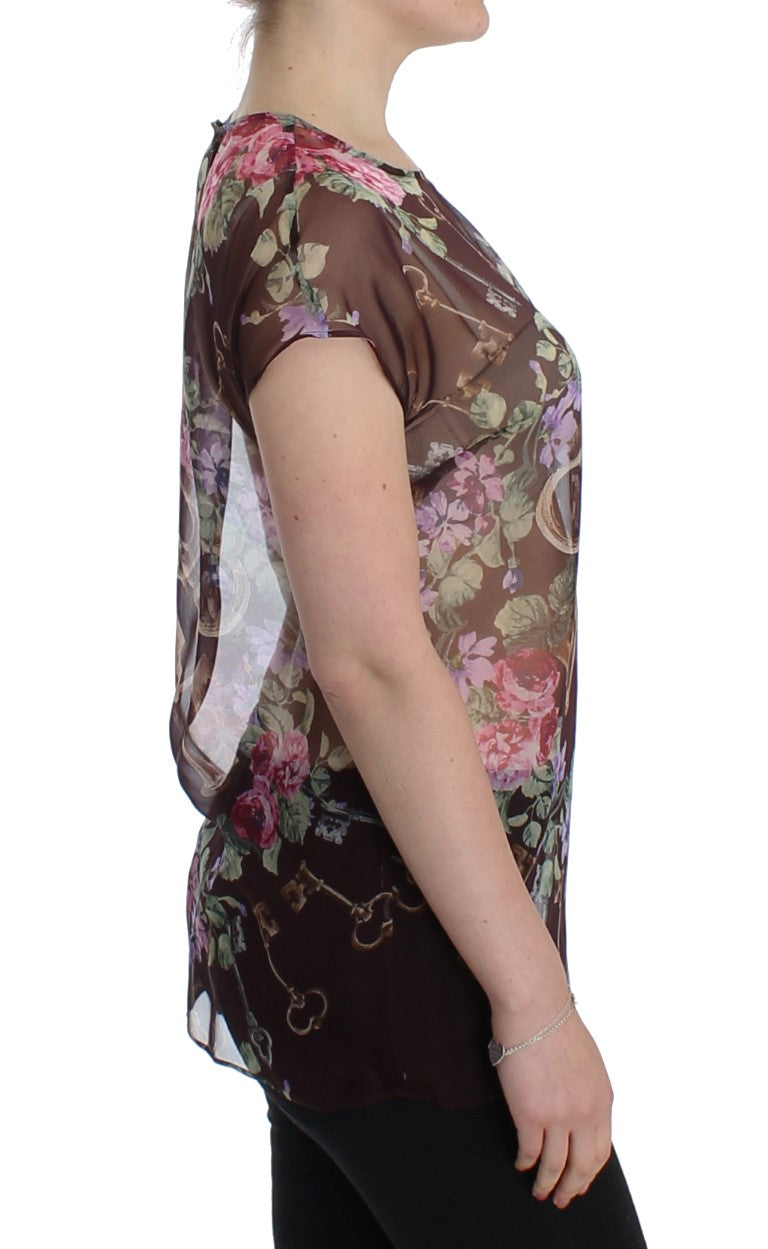Dolce & Gabbana Schwarzes Schlüssel-T-Shirt mit Blumendruck und Seidenbluse