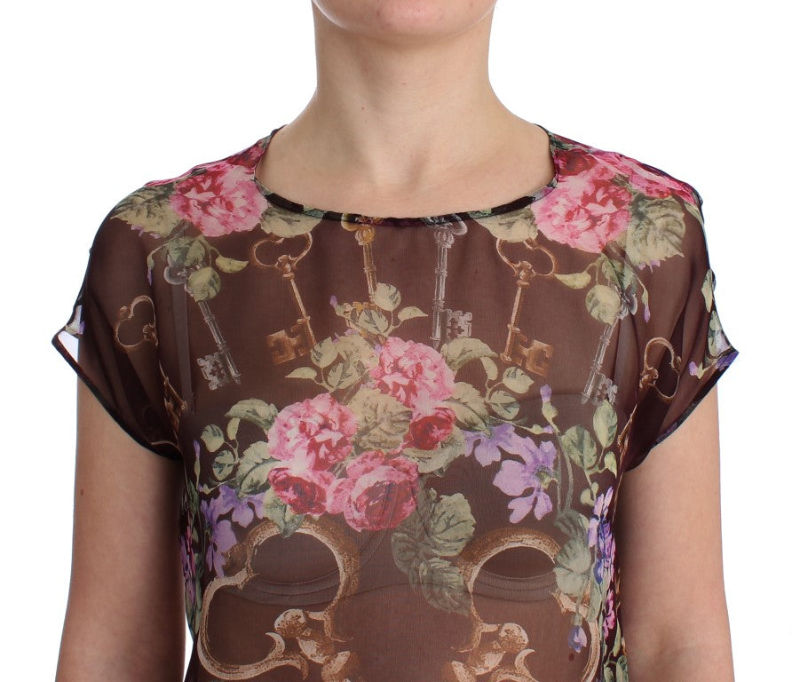 Dolce & Gabbana Schwarzes Schlüssel-T-Shirt mit Blumendruck und Seidenbluse