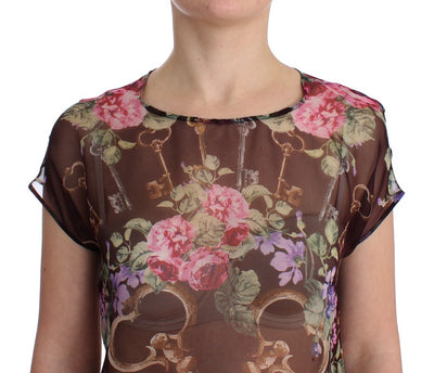 Dolce & Gabbana Schwarzes Schlüssel-T-Shirt mit Blumendruck und Seidenbluse