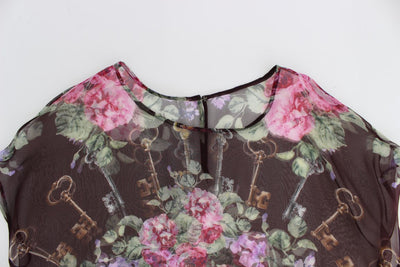 Dolce & Gabbana Schwarzes Schlüssel-T-Shirt mit Blumendruck und Seidenbluse