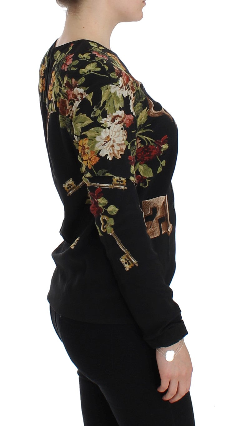 Dolce & Gabbana Schwarzes Seidenblusentop mit Blumendruck