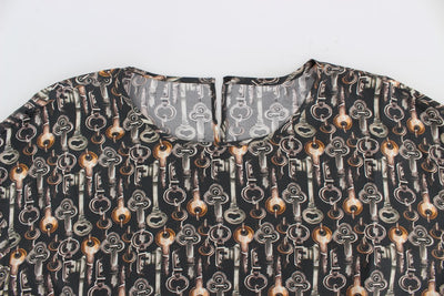 Dolce & Gabbana Graue Seidenbluse mit Goldschlüssel-Druck T-shirt