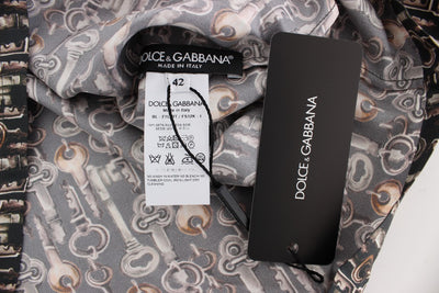 Dolce & Gabbana Graue Seidenbluse mit Goldschlüssel-Druck T-shirt