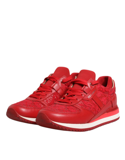 Dolce & Gabbana Rote florale Spitze Leder Turnschuhe Schuhe