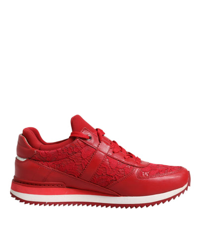 Dolce & Gabbana Rote florale Spitze Leder Turnschuhe Schuhe