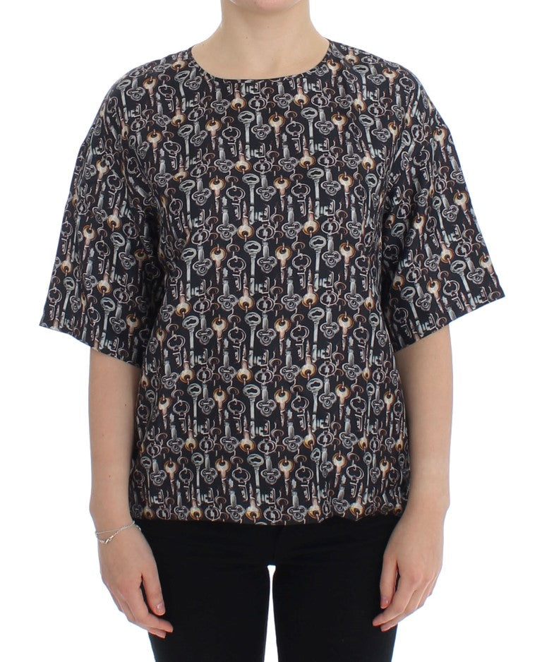 Dolce & Gabbana Graue Seidenbluse mit Goldschlüssel-Druck T-shirt