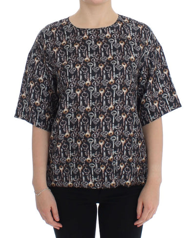 Dolce & Gabbana Graue Seidenbluse mit Goldschlüssel-Druck T-shirt
