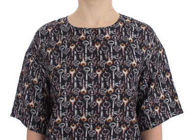 Dolce & Gabbana Graue Seidenbluse mit Goldschlüssel-Druck T-shirt