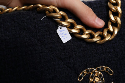 Chanel Dunkelblau Medium Flap Tweed CC Gold Gray Chain Umhängetasche