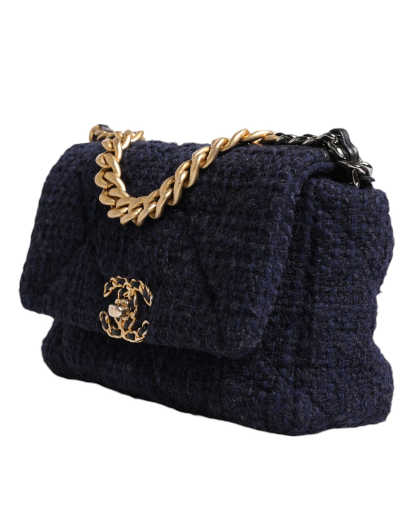 Chanel Dunkelblau Medium Flap Tweed CC Gold Gray Chain Umhängetasche