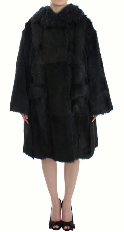 Dolce & Gabbana Schwarzer Ziegenpelz Shearling Lange Jacke Mantel