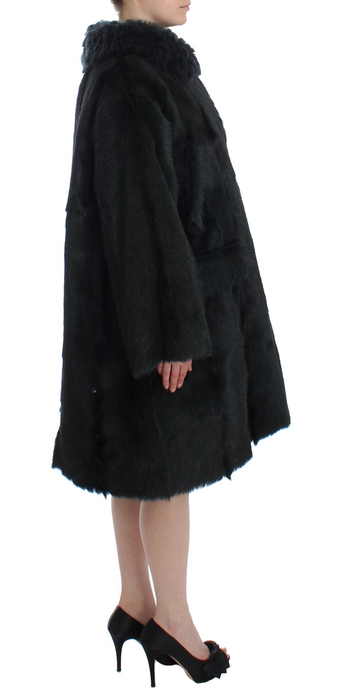 Dolce & Gabbana Schwarzer Ziegenpelz Shearling Lange Jacke Mantel