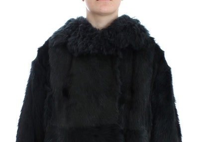 Dolce & Gabbana Schwarzer Ziegenpelz Shearling Lange Jacke Mantel