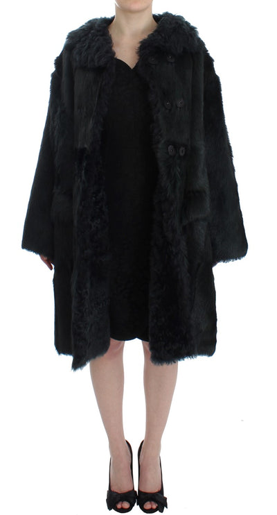 Dolce & Gabbana Schwarzer Ziegenpelz Shearling Lange Jacke Mantel